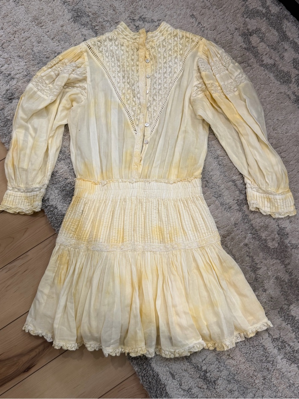 LoveShackFancy Pale Yellow Lace-Trim Mini Dress